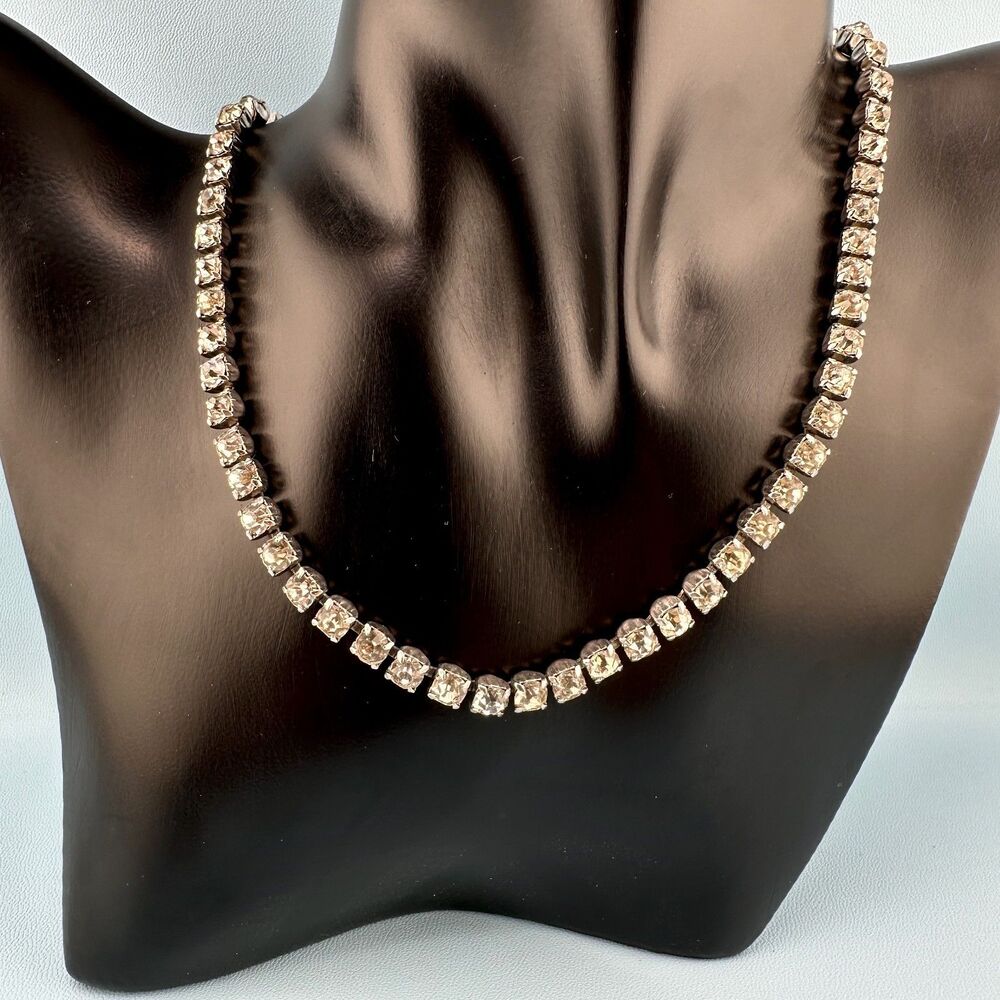 Vintage Rhinestone Choker Necklace Silver Tone Cup Chain Riviere Old Hollywood